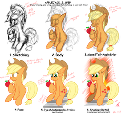 Size: 4500x4200 | Tagged: safe, artist:truffle shine, applejack, g4, absurd resolution, apple, cowboy hat, eating, food, hat, how to draw, simple background, sitting, sketch, stairs, step by step, stetson, tutorial
