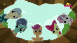 Size: 1366x768 | Tagged: safe, screencap, apple bloom, mr. paleo, mrs. paleo, scootaloo, sweetie belle, earth pony, pegasus, pony, unicorn, g4, the fault in our cutie marks, bone, cute, cutie mark crusaders, female, filly, foal, male, mare, minimini, sandbox, stallion