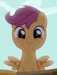 Size: 366x482 | Tagged: safe, screencap, scootaloo, pegasus, pony, g4, the fault in our cutie marks, cropped, cute, cutealoo, female, filly, happy, looking at you, solo, spread wings, wings