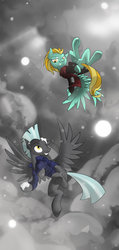 Size: 1024x2158 | Tagged: safe, artist:jaeneth, lightning dust, thunderlane, pegasus, pony, g4, clothes, cloud, female, male, mare, playing, request, shipping, sky, snow, snowball, snowball fight, stallion, straight, thunderdust, underhoof