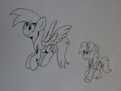 Size: 3968x2976 | Tagged: safe, artist:bigmackintosh, derpy hooves, dinky hooves, pegasus, pony, g4, female, high res, mare, monochrome, mother and daughter, traditional art
