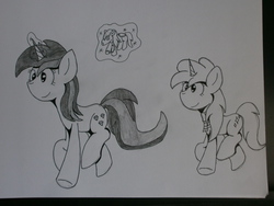 Size: 3968x2976 | Tagged: safe, artist:bigmackintosh, amethyst star, dinky hooves, sparkler, fanfic:my sweetie, g4, doll, fanfic art, female, high res, monochrome, ms sweetie, ragdoll, toy, traditional art
