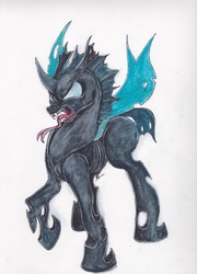 Size: 1667x2317 | Tagged: safe, artist:scribblepwn3, thorax, changeling, g4, my little pony: friendship is magic, the times they are a changeling, angry, hissing, male, pen drawing, solo, traditional art, watercolor painting