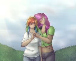 Size: 2000x1600 | Tagged: safe, artist:rainbowhitter, rainbow dash, oc, human, g4, canon x oc, clothes, female, headphones, holding hands, humanized, lesbian, shipping