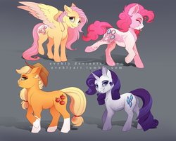 Size: 3000x2409 | Tagged: safe, artist:evehly, applejack, fluttershy, pinkie pie, rarity, earth pony, pegasus, pony, unicorn, g4, alternate design, coat markings, crossed hooves, cute, dappled, diapinkes, eyes closed, female, freckles, hat, high res, lidded eyes, mare, shyabetes, smiling, tongue out, walking