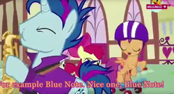 Size: 1666x902 | Tagged: safe, screencap, blue note, scootaloo, g4, the fault in our cutie marks, cutie mark, epic sax guy, musical instrument, saxophone, subtitles, the cmc's cutie marks