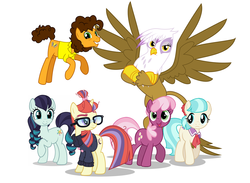 Size: 1400x1024 | Tagged: safe, cheerilee, cheese sandwich, coco pommel, coloratura, gilda, moondancer, griffon, g4