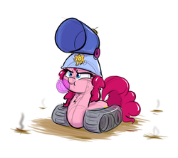 Size: 1280x1138 | Tagged: safe, artist:heir-of-rick, pinkie pie, original species, tank pony, g4, :t, bubblegum, cute, female, fluffy, food, glare, gum, headcannon, helmet, party cannon, sketch, smirk, solo, tank (vehicle), wat