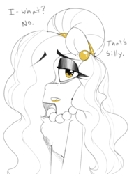 Size: 848x1103 | Tagged: safe, artist:whydomenhavenipples, oc, oc only, oc:beauty mark, earth pony, pony, ask, dialogue, ear piercing, earring, eyeshadow, hair over one eye, hairband, jewelry, lipstick, looking at you, makeup, monochrome, necklace, open mouth, partial color, pearl necklace, piercing, solo, tumblr