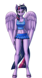 Size: 1501x2742 | Tagged: safe, artist:skorpionletun, twilight sparkle, alicorn, anthro, unguligrade anthro, g4, clothes, female, grin, legs, midriff, miniskirt, pleated skirt, simple background, skirt, smiling, solo, tank top, transparent background, twilight sparkle (alicorn), unshorn fetlocks