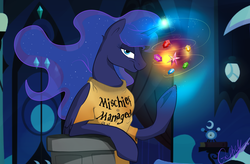 Size: 1024x671 | Tagged: safe, artist:rutkotka, princess luna, semi-anthro, g4, clock, clothes, elements of harmony, female, harry potter (series), looking at you, magic, shirt, smirk, solo