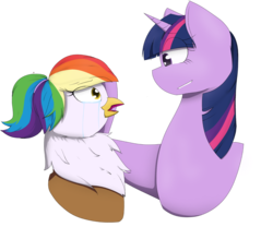 Size: 1280x1063 | Tagged: safe, artist:terese, twilight sparkle, oc, oc:rainbow feather, g4, comforting, crush, crying, head pat, interspecies offspring, magical lesbian spawn, offspring, parent:gilda, parent:rainbow dash, parents:gildash