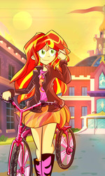 Size: 1152x1920 | Tagged: safe, artist:ben237, sunset shimmer, equestria girls, g4, bicycle, boots, clothes, cute, female, jacket, miniskirt, shimmerbetes, shoes, skirt, solo