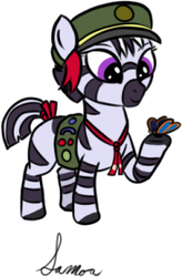 Size: 191x292 | Tagged: safe, artist:aa, edit, oc, oc only, oc:samoa, butterfly, zebra, cropped, female, filly, filly guides, solo