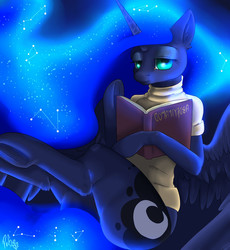 Size: 658x715 | Tagged: dead source, safe, artist:poisindoodles, princess luna, g4, arm hooves, book, clothes, constellation, constellation hair, ear fluff, female, frog (hoof), looking at you, solo, starry mane, sweater, turtleneck, underhoof