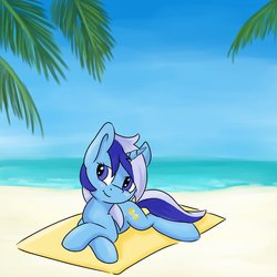 Size: 894x894 | Tagged: safe, artist:dbleki, minuette, pony, unicorn, g4, beach, blushing, crossed hooves, female, lying down, ocean, palm tree, prone, sand, sky, solo, sploot, towel