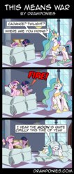 Size: 850x2000 | Tagged: safe, artist:drawponies, princess cadance, princess celestia, twilight sparkle, g4, comic, dialogue, filly, filly twilight sparkle, horn, horn impalement, pillow, pillow fight, pillow fort, speech bubble, teen princess cadance, to the moon