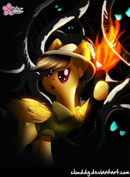 Size: 612x834 | Tagged: safe, artist:clouddg, daring do, g4, cave, clothes, exploring, fire, glowing eyes, hat, torch