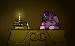 Size: 1800x1100 | Tagged: safe, artist:rockset, twilight sparkle, g4, book, candle, cute, library, sleeping, twiabetes