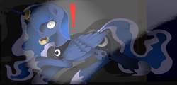Size: 2600x1248 | Tagged: safe, artist:blue-arctic, princess luna, g4, cake, caught, donut, exclamation point, female, food, metal gear, mouth hold, solo, wide eyes