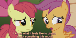 Size: 1158x576 | Tagged: safe, screencap, apple bloom, scootaloo, earth pony, pony, g4, the fault in our cutie marks, scootaloo can't fly, subtitles