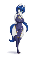 Size: 1100x1700 | Tagged: safe, artist:skecchiart, oc, oc only, oc:nagase, unicorn, anthro, plantigrade anthro, big breasts, boob window, breasts, cheongsam, cleavage, clothes, cute, dress, female, sandals, solo, wide hips