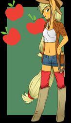 Size: 655x1124 | Tagged: safe, artist:thekattyart, applejack, earth pony, anthro, g4, belly button, clothes, female, midriff, solo