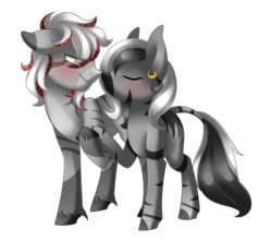 Size: 2427x2142 | Tagged: safe, artist:scarlet-spectrum, oc, oc only, oc:cha'tima, oc:kulinda, zebra, blushing, boop, commission, coontails, cute, duo, ear piercing, eyes closed, high res, holding hooves, kulima, male, noseboop, piercing, simple background, smiling, straight, transparent background