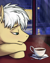 Size: 1600x2000 | Tagged: safe, artist:vistamage, pony, bust, cafe, coffee, cup, ginko, lidded eyes, looking at something, looking down, mushishi, ponified, profile, rain, solo
