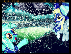 Size: 792x601 | Tagged: artist needed, safe, derpy hooves, lyra heartstrings, pegasus, pony, g4, celebration, cheering, clothes, confetti, face paint, fans, female, fireworks, instagram, mare, night, scarf, sports, stadium
