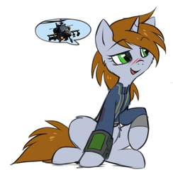 Size: 676x694 | Tagged: safe, artist:hioshiru, edit, oc, oc only, oc:littlepip, pony, unicorn, fallout equestria, ah-64 apache, apache attack helicopter, blushing, cheek fluff, clothes, fanfic, fanfic art, female, fluffy, hooves, horn, jumpsuit, littlepip's suggestions, mare, open mouth, pictogram, pipbuck, simple background, sitting, smiling, solo, vault suit, white background
