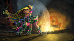 Size: 3000x1688 | Tagged: safe, artist:1jaz, oc, oc only, earth pony, pony, armor, badass, barrier, clothes, commission, explosion, fanfic art, fire, raised hoof, signature, solo