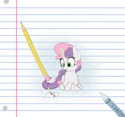 Size: 1550x1444 | Tagged: safe, artist:vanillaghosties, sweetie belle, pony, unicorn, g4, drawing, eraser, erasing, female, filly, lined paper, pencil, recursion, solo