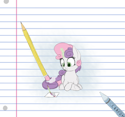 Size: 1550x1444 | Tagged: safe, artist:vanillaghosties, sweetie belle, pony, unicorn, g4, drawing, drawn into existence, eraser, erasing, female, filly, lined paper, pencil, recursion, solo