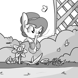 Size: 1280x1280 | Tagged: safe, artist:tjpones edits, edit, editor:dsp2003, oc, oc only, oc:brownie bun, butterfly, earth pony, pony, bloodshot eyes, bong, drugs, female, flowey, garden, high, hilarious in hindsight, howdy, mare, marijuana, monochrome, pun, smoke weed everyday, stoned, undertale, why, wtf