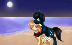 Size: 4800x3000 | Tagged: safe, artist:scarlet-spectrum, oc, oc only, oc:hazel, oc:slashing prices, pegasus, pony, unicorn, beach, commission, duo, full moon, high res, male, night sky, ocean, sand, smiling, stars, straight, wavy mouth