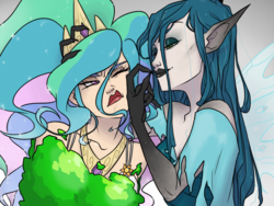 Size: 1600x1200 | Tagged: safe, artist:thelivingmachine02, princess celestia, queen chrysalis, goo, human, g4, black lipstick, celestia is not amused, changeling slime, humanized, lipstick, pale skin, pointed ears, scrunchy face, stuck, winged humanization