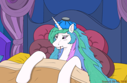 Size: 1024x672 | Tagged: safe, artist:soanos, princess celestia, pony, g4, bed, female, ice pack, sick, solo, thermometer