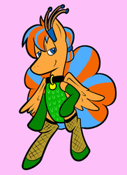 Size: 576x792 | Tagged: safe, artist:pembroke, oc, oc:cold front, pegasus, pony, bipedal, clothes, collar, crossdressing, fishnet stockings, gloves, leotard, male, peacock feathers, stallion, stockings
