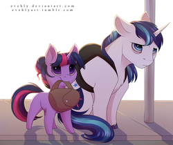 Size: 1858x1558 | Tagged: safe, artist:evehly, shining armor, twilight sparkle, pony, unicorn, g4, alternate hairstyle, backpack, bag, bags under eyes, blank flank, bored, brother and sister, colt, cute, duo, female, filly, filly twilight sparkle, frown, hair bun, male, mouth hold, shining armor is not amused, siblings, sitting, smiling, teenage shining armor, that pony sure does love studies, tired, twiabetes, unamused, unicorn twilight, varying degrees of want, younger