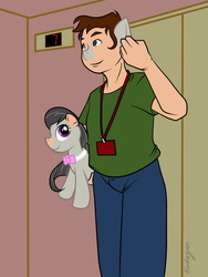 Size: 750x1000 | Tagged: safe, artist:halcy0n, part of a set, octavia melody, earth pony, human, pony, g4, body swap, elevator, human to pony, male to female, mid-transformation, plushie, pony to human, rule 63, toy, transformation, transgender transformation