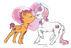 Size: 1280x876 | Tagged: safe, artist:spectralunicorn, scootaloo, sweetie belle, classical unicorn, pony, g4, cutie mark, female, filly, horn, kissing, leonine tail, lesbian, ship:scootabelle, shipping, the cmc's cutie marks, unshorn fetlocks