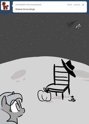 Size: 647x900 | Tagged: safe, artist:egophiliac, princess luna, moonstuck, g4, absolutely nothing else, chair, fedora, filly, hat, monochrome, moon, self ponidox, space, tumblr, what pumpkin?, woona