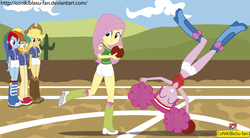 Size: 1643x910 | Tagged: safe, artist:conikiblasu-fan, applejack, fluttershy, pinkie pie, rainbow dash, snails, buckball season, equestria girls, g4, belly button, boots, breasts, cartwheel, cleavage, clothes, cowboy boots, equestria girls interpretation, female, flutterbutt, midriff, pinktails pie, rainbow socks, scene interpretation, shoes, shorts, socks, sports shorts, striped socks