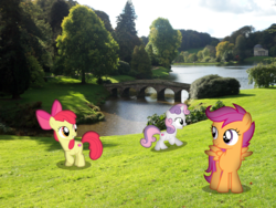 Size: 1900x1425 | Tagged: safe, artist:harvydraws, apple bloom, scootaloo, sweetie belle, g4, bridge, cutie mark, cutie mark crusaders, irl, lake, monuments, photo, ponies in real life, the cmc's cutie marks, vector