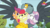 Size: 1360x768 | Tagged: safe, screencap, apple bloom, gabby, scootaloo, sweetie belle, earth pony, griffon, pony, g4, my little pony: friendship is magic, the fault in our cutie marks, :t, bear hug, cutie mark crusaders, eyes closed, floppy ears, frown, griffon teeth, grin, gritted teeth, hape, hug, minimini, nose wrinkle, smiling, wide eyes