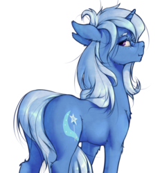 Size: 1273x1377 | Tagged: safe, artist:madhotaru, trixie, pony, unicorn, g4, :t, butt, cheek fluff, chest fluff, cute, diatrixes, ear fluff, female, floppy ears, fluffy, leg fluff, lidded eyes, looking at you, looking back, mare, messy hair, messy mane, messy tail, plot, scrunchy face, side view, simple background, solo, standing, strategically covered, tail between legs, tail censor, transparent background