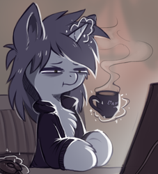 Size: 474x522 | Tagged: dead source, safe, artist:hioshiru, oc, oc only, oc:kate, pony, unicorn, chest fluff, clothes, coffee, computer, cup, jacket, levitation, magic, morning ponies, mug, solo, squint, telekinesis