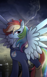 Size: 1108x1800 | Tagged: safe, artist:monnarcha, rainbow dash, g4, city, clothes, crossover, dc comics, female, lightning, signature, solo, storm, stormcloud, superhero, the flash, thunder