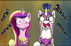 Size: 850x546 | Tagged: safe, artist:phuocthiencreation, edit, princess cadance, shining armor, alicorn, pony, unicorn, g4, armor, cropped, female, jewelry, looking at you, male, mare, onomatopoeia, open mouth, raised hoof, reaction image, regalia, stallion, standing, surprised, wide eyes